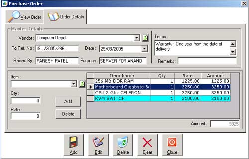 Purchase Order Module Snapshot, Inventory Software