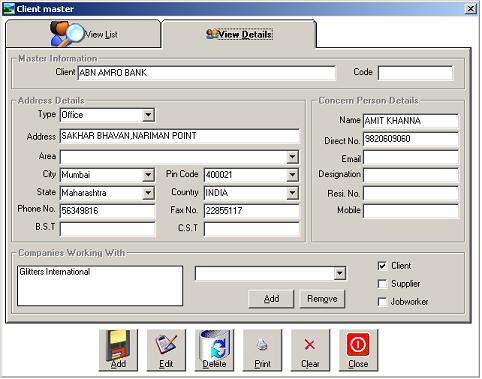 Client Master Module in Virtual Splat Inventory Software