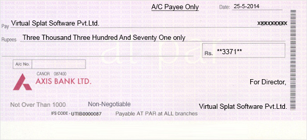 Axis Bank Sample Cheque Writen by Virtual Splat Cheque Writing Software