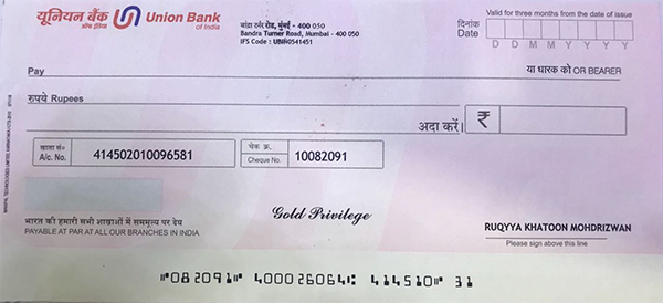 Printed Union Bank cheque